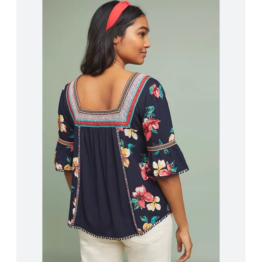 H16 Anthropologie Dakota Floral Embroidered Boho Square Neck Pom Pom Trim Navy L - Picture 2 of 7